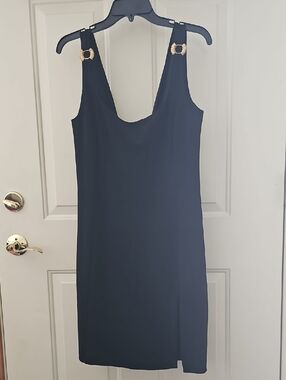 Sleeveless Black Shift Dress with Gold Buckle Details